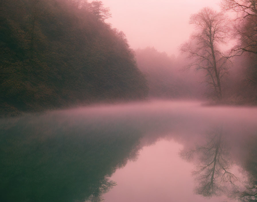 Misty River with Reflecting Trees at Dawn or Dusk