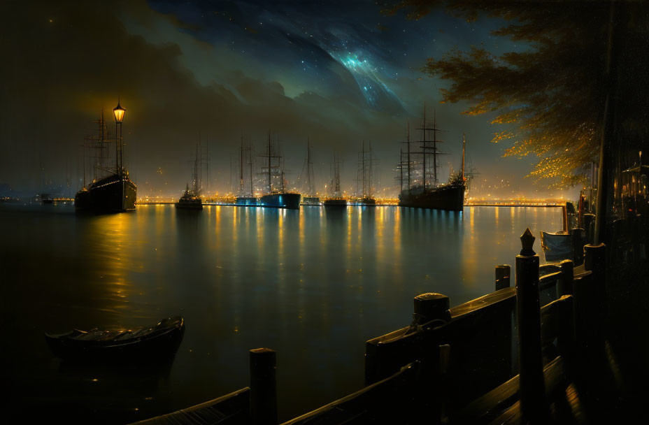 Harbor night scene with tall ships, galaxy sky, calm waters, and lit promenade