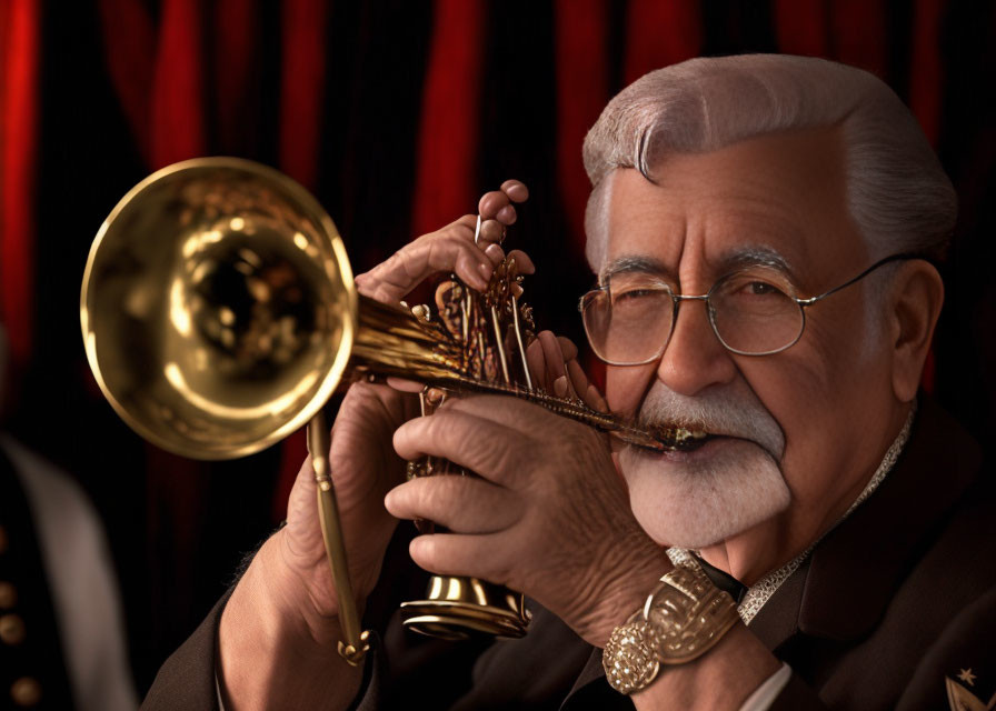 Elderly man in military uniform playing trumpet on dark backdrop