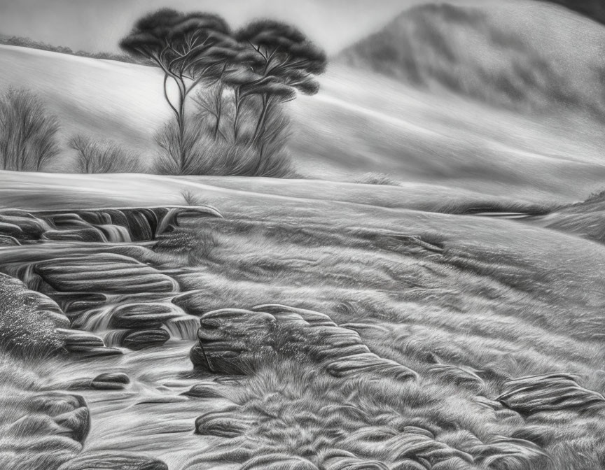 Textured monochrome landscape: hills, flowing lines, rocks, sparse trees.