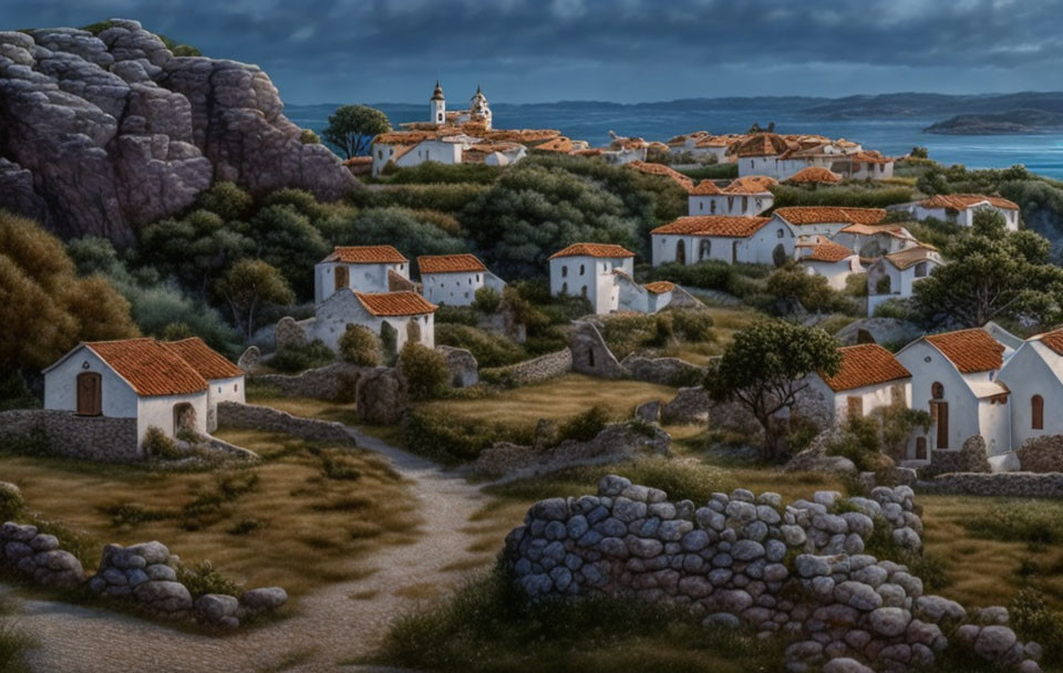 Coastal Village at Dusk with White Houses and Church