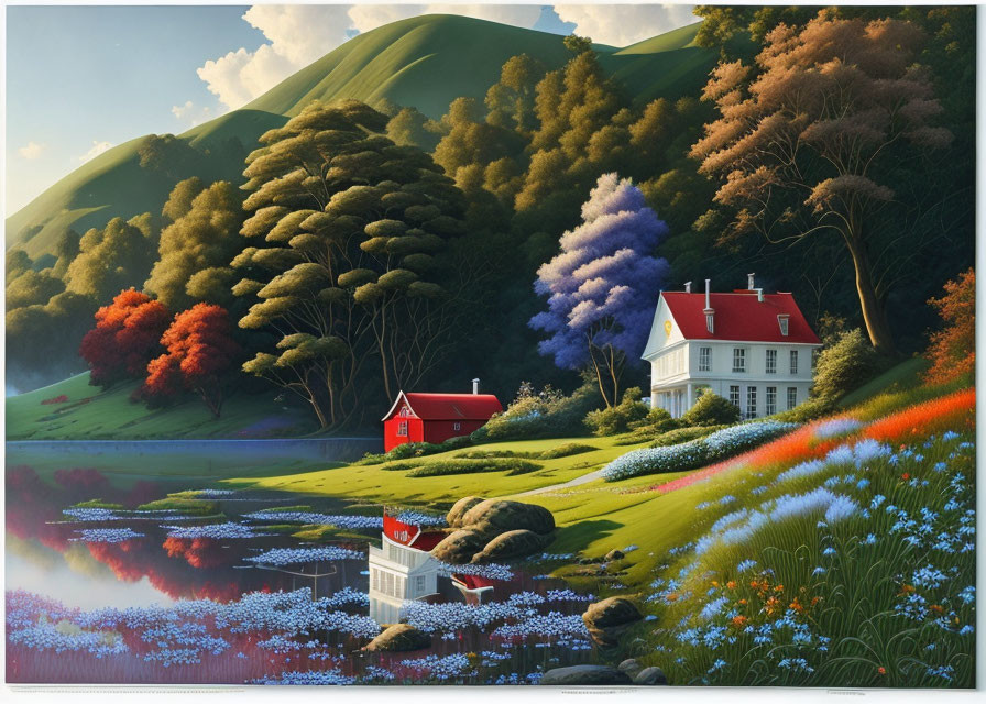 Scenic countryside with white house, red barn, lake, and colorful trees