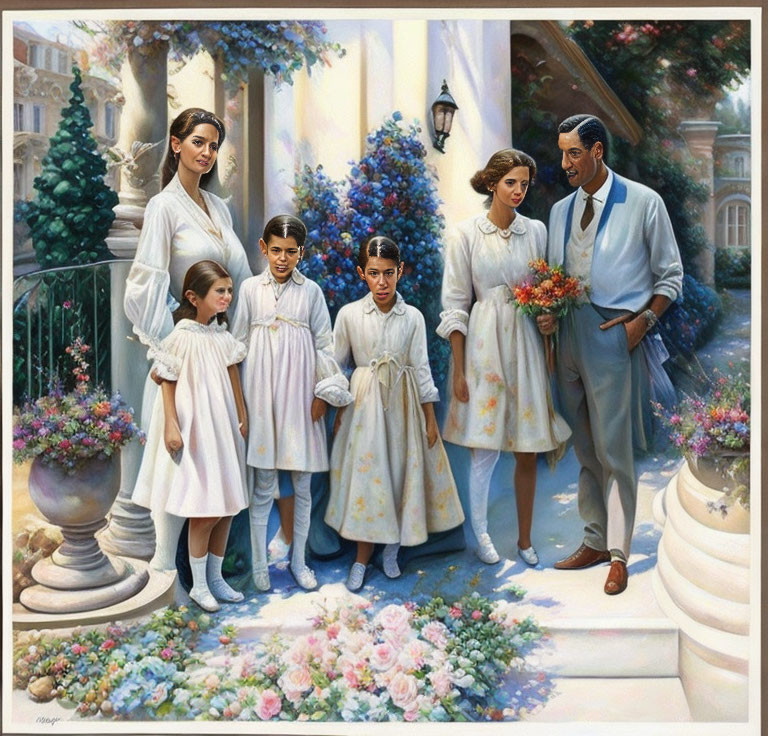 Well-dressed family portrait on house steps with flowers