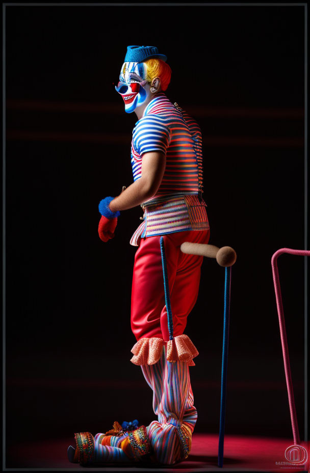 Colorful Clown on Stilts Beside Pink Chair in Dimly Lit Setting