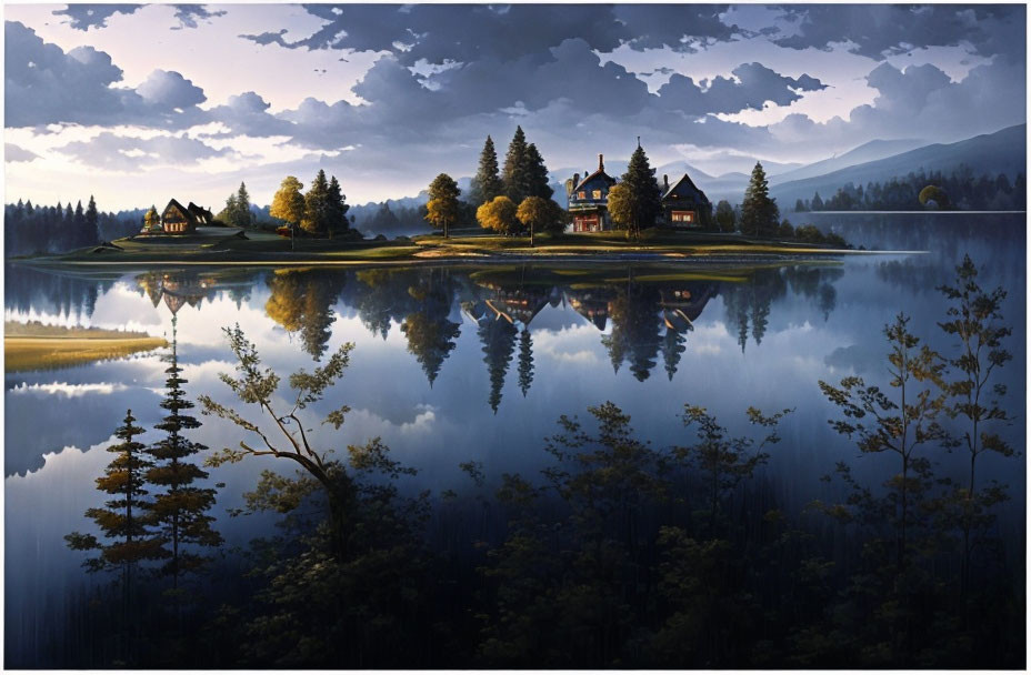 Tranquil dusk scene: serene lake mirrors village houses and lush trees under evening sky