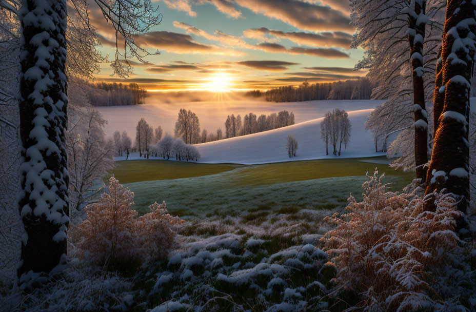 Winter sunrise over misty snow-covered hills and frosty trees