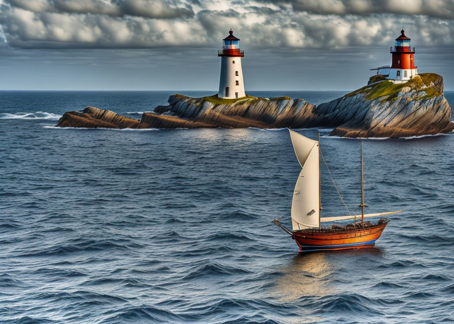 Sailboat near rocky coastline with two lighthouses under cloudy sky