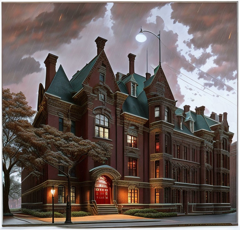 Victorian-style mansion in rainy autumn dusk.