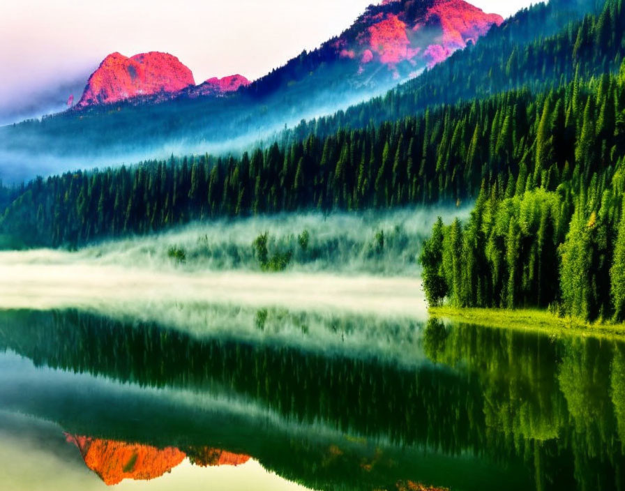 Scenic sunrise over misty mountains, dense forest, and tranquil lake