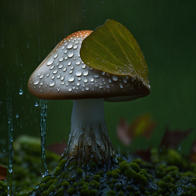 Brown Mushroom with Water Droplets Sheltering Yellow Leaf in Rainfall