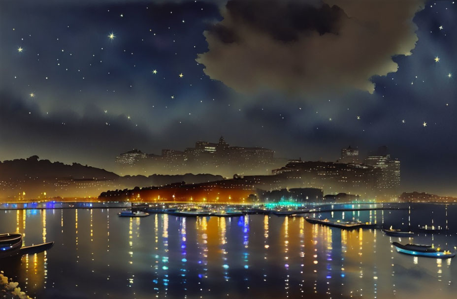 Harbor night landscape with boats, stars, and misty cityscape