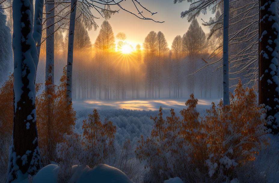 Snowy Trees at Winter Sunrise in Frosty Forest