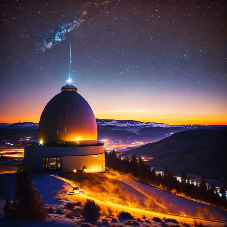 Hilltop observatory under starry sky with light beam at twilight