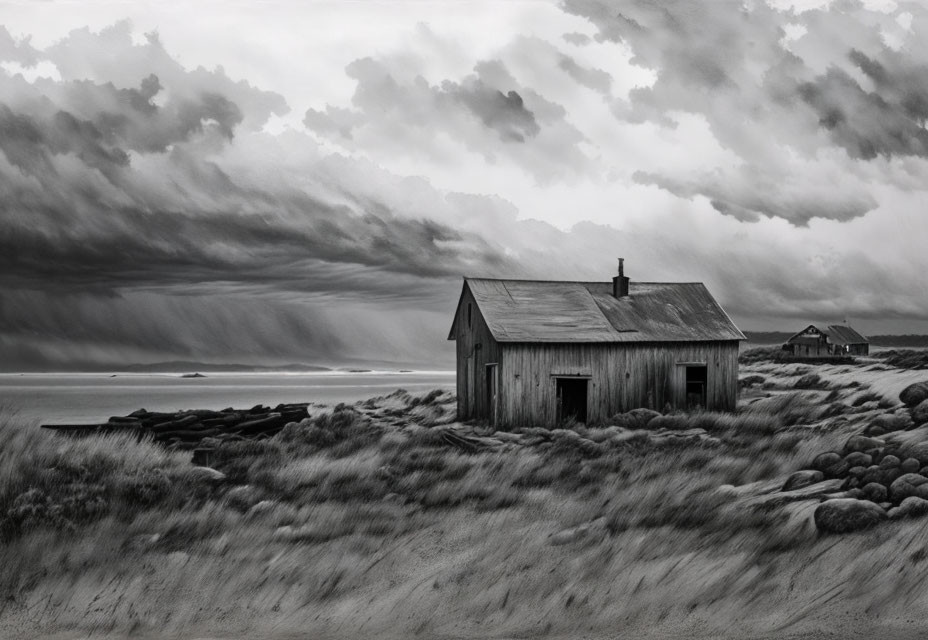 Monochrome image of wooden shack on dune with overcast skies