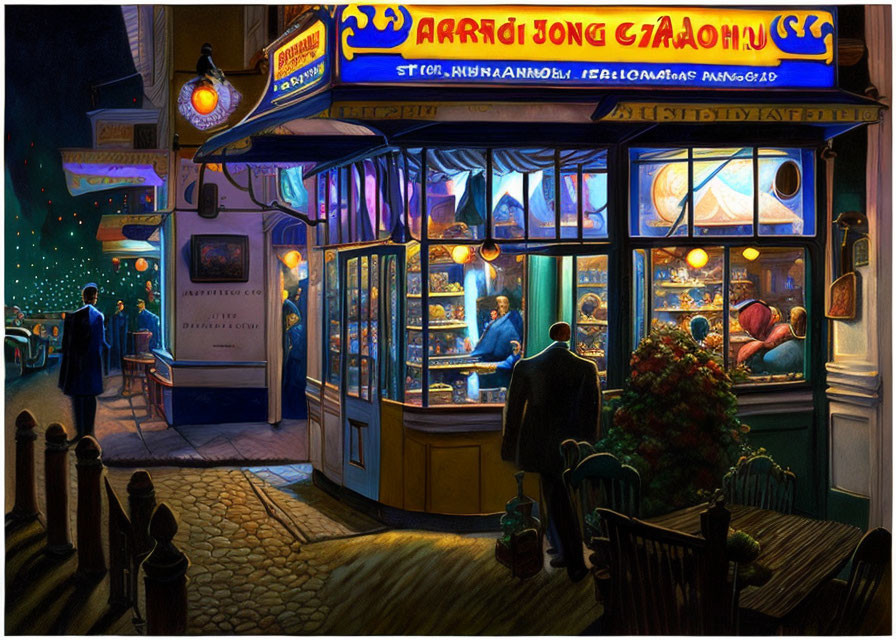 Bustling corner restaurant at night with warm lighting and patrons dining.