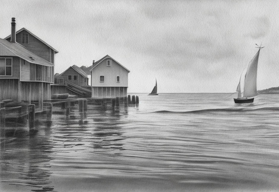 Monochrome drawing of stilt houses and sailboats by the sea