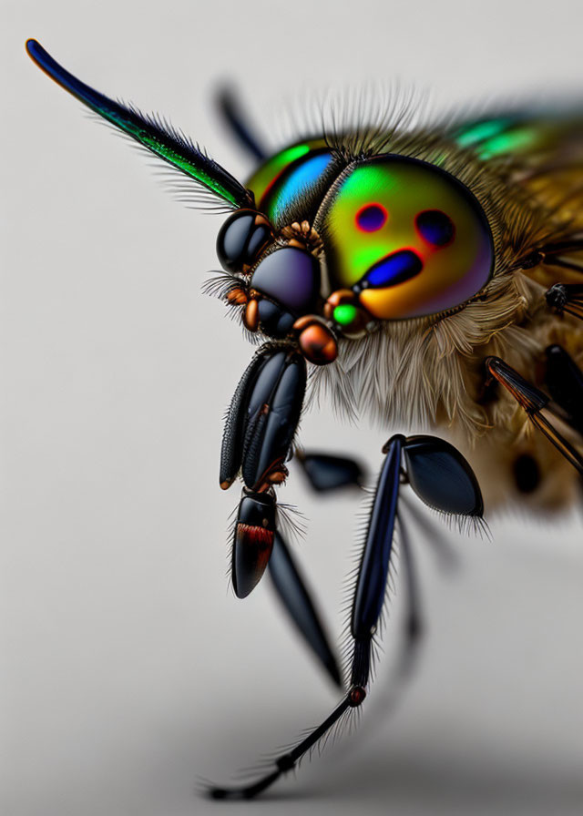 Colorful iridescent fly with detailed compound eyes and antennae on soft-focus background