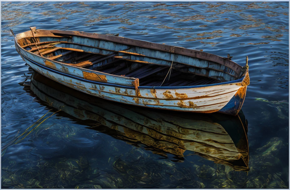 Rusty rowboat on tranquil water under blue sky