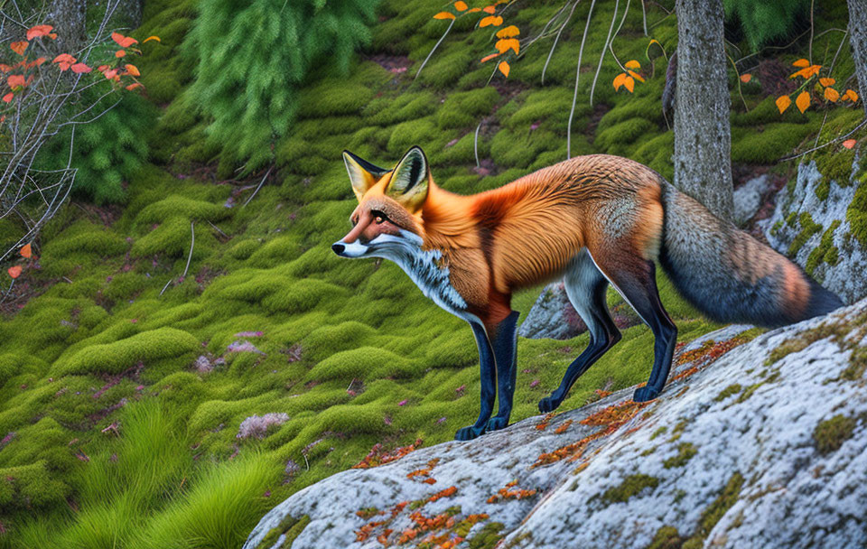 Red fox on moss-covered rock in lush autumn forest