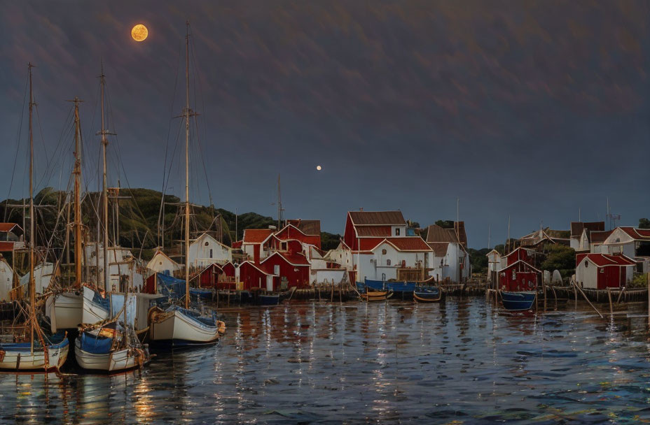 Harbor scene at dusk: boats, red & white houses, full moon