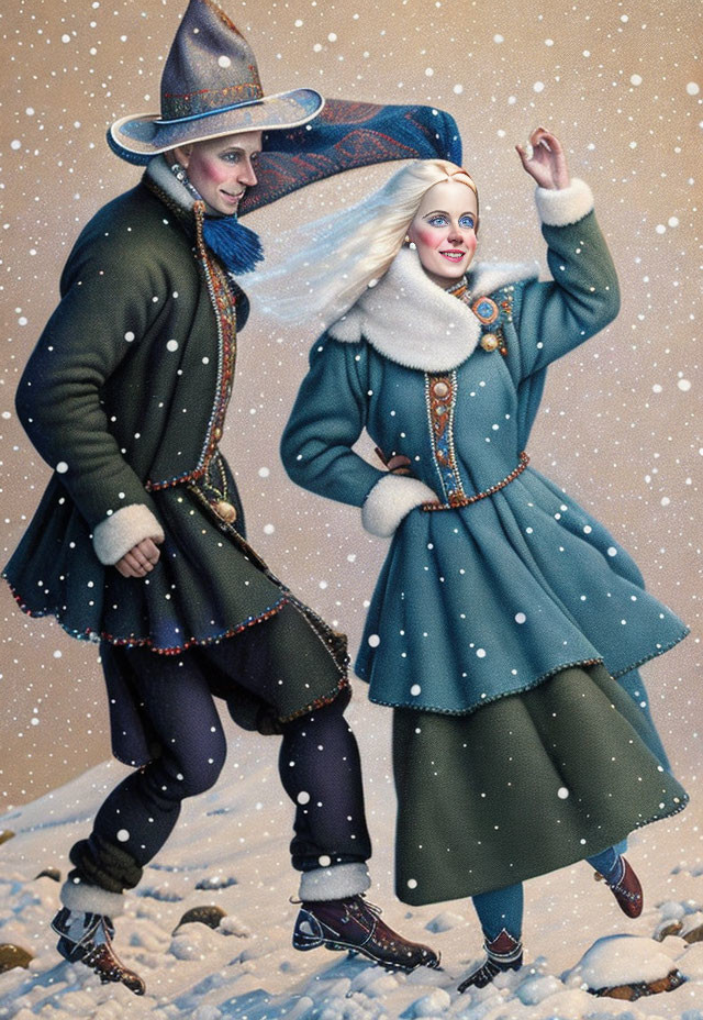 Whimsical winter-themed illustration of a smiling couple ice skating