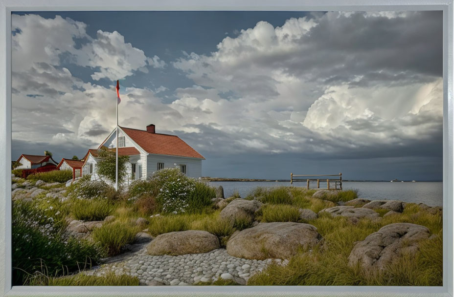 Coastal scene with white house, red trimmings, dramatic clouds, rocky shore, and