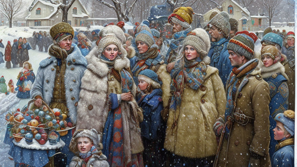 Winter scene with people in traditional hats, snowfall, and child selling decorations