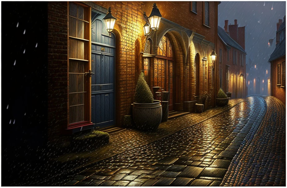 Wet cobblestone street at night with illuminated buildings in rain