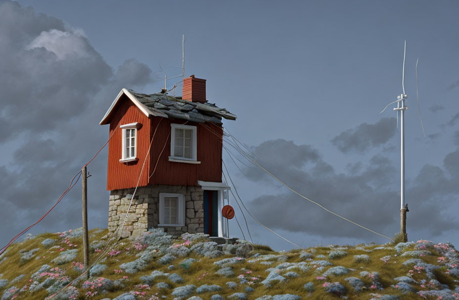 Red house on flower-covered hill with antennas under cloudy sky