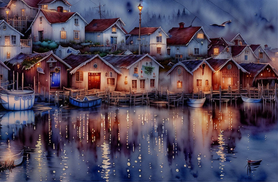 Seaside village at dusk: illuminated windows, boats, wooden piers, seagulls, mo