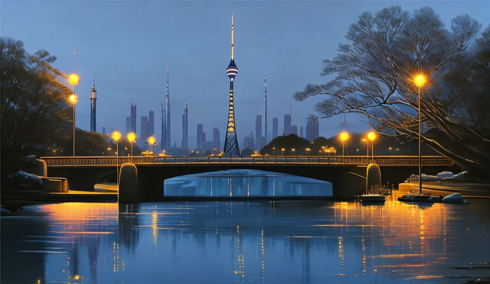 Tranquil cityscape at dusk with lit tower, reflective water, and bridge