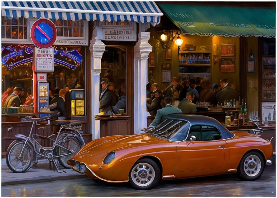 Colorful painting: Vintage car at European café with patrons, bicycle under evening lights