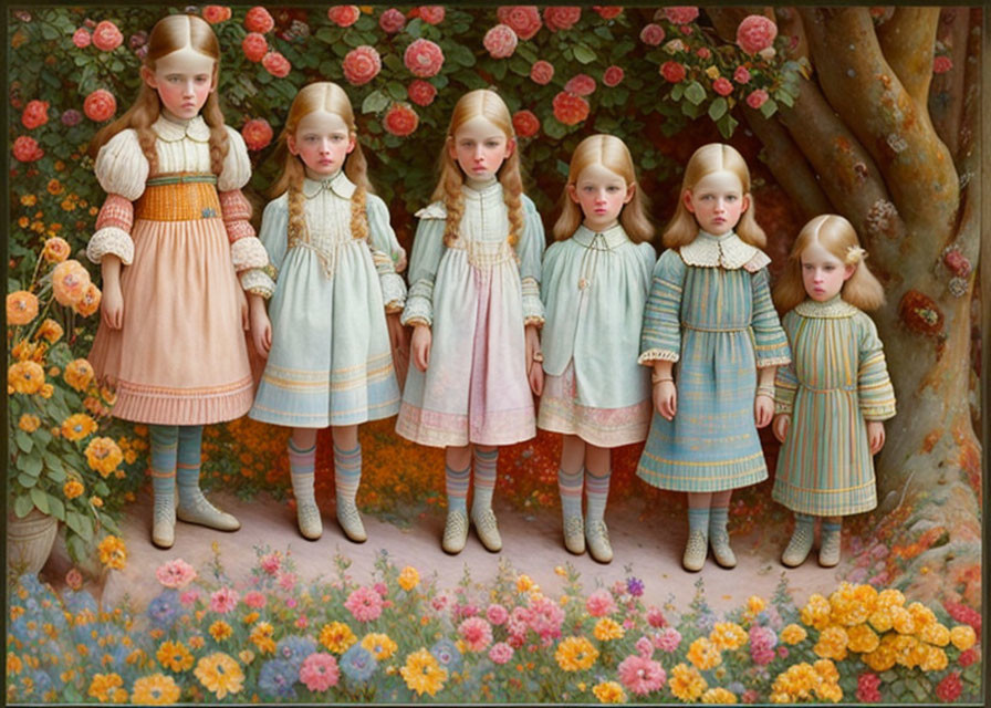 Seven Identical Girls in Vintage Dresses Pose in Blooming Garden