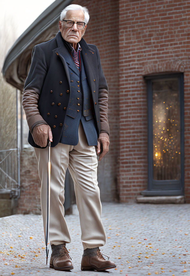 Elderly man in navy pea coat and cane outdoors with building and fairy lights
