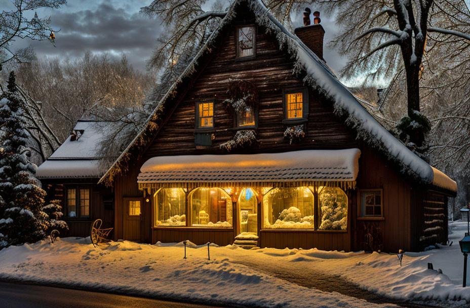 Snowy Twilight Scene: Cozy Cabin, Winter Trees, Fresh Snow