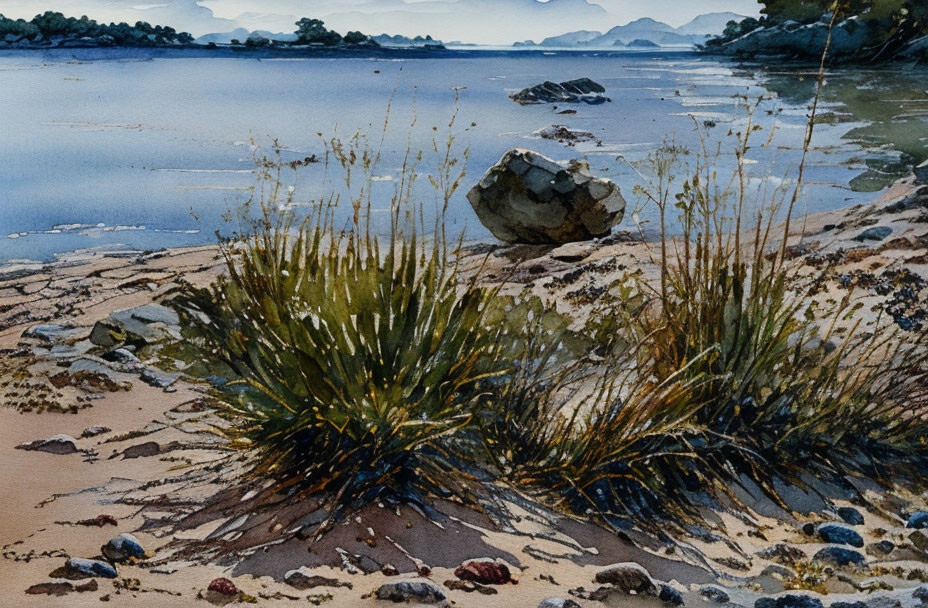 Tranquil lakeside watercolor painting with mountains & sandy shore