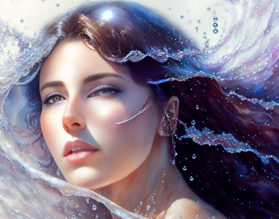 Dark-Haired Woman Submerged in Water with Blue Eyes