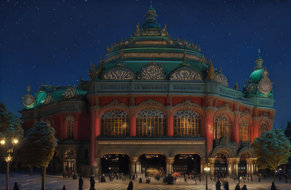 Ornate Building with Intricate Architecture and Night Sky Crowd