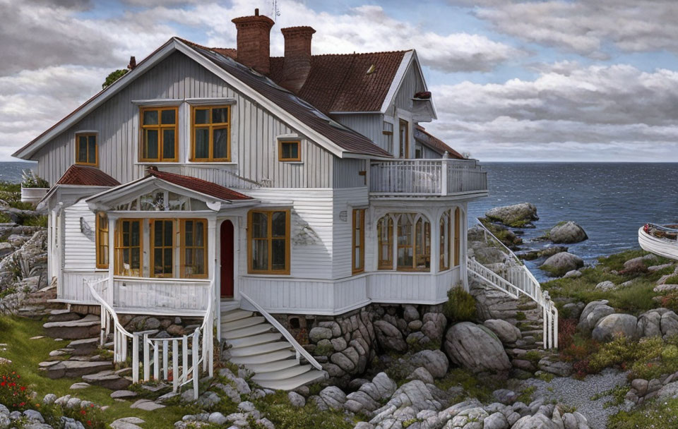 White Two-Story House on Rocky Shoreline with Sea View