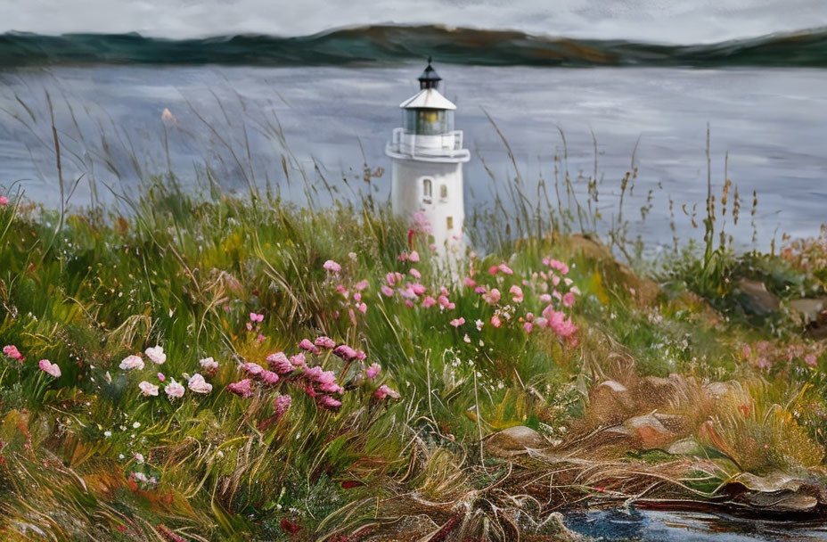 Coastal painting: white lighthouse, greenery, pink wildflowers, cloudy sky