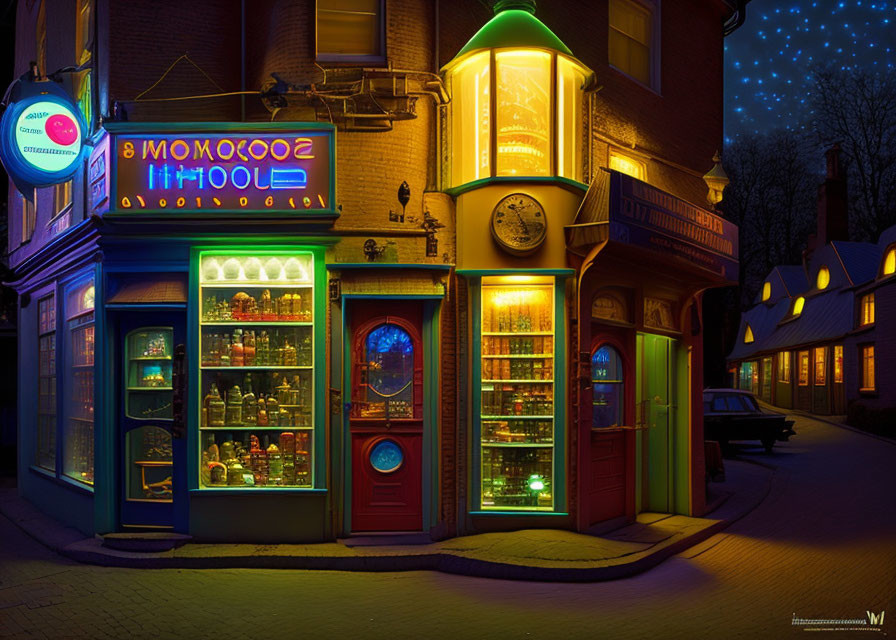 Vibrant neon-lit corner shop with inviting window display at dusk