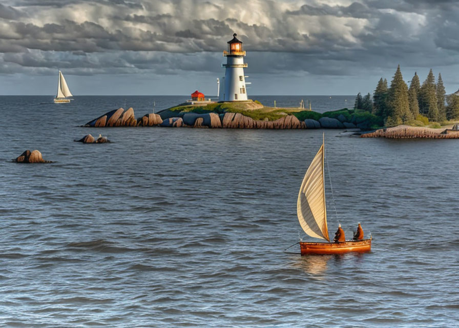 Sailboats near lighthouse on calm sea with rocky outcrops