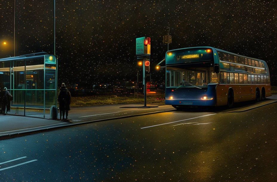 City bus at night stop with passengers under starry sky