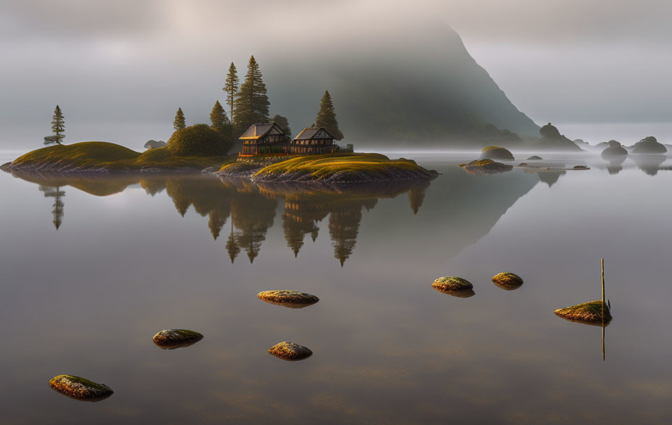 Tranquil lakeside house with misty morning reflections