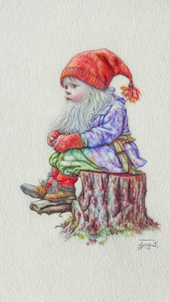 Whimsical gnome illustration on tree stump with red hat & colorful coat