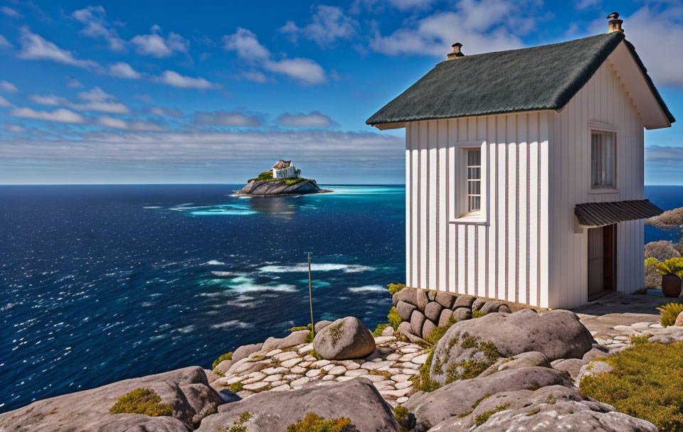 Thatched roof white house on rocky coastline with ocean view