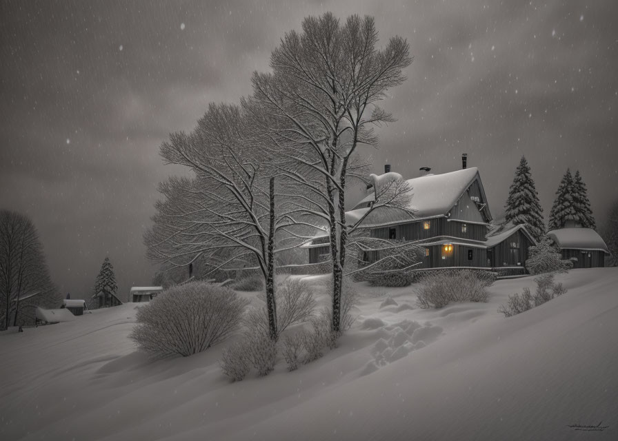 Snowy Night Landscape: Cozy House Amidst Trees & Snowfall