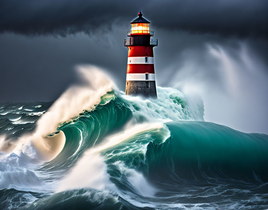 Stormy sky lighthouse beacon shines against green waves