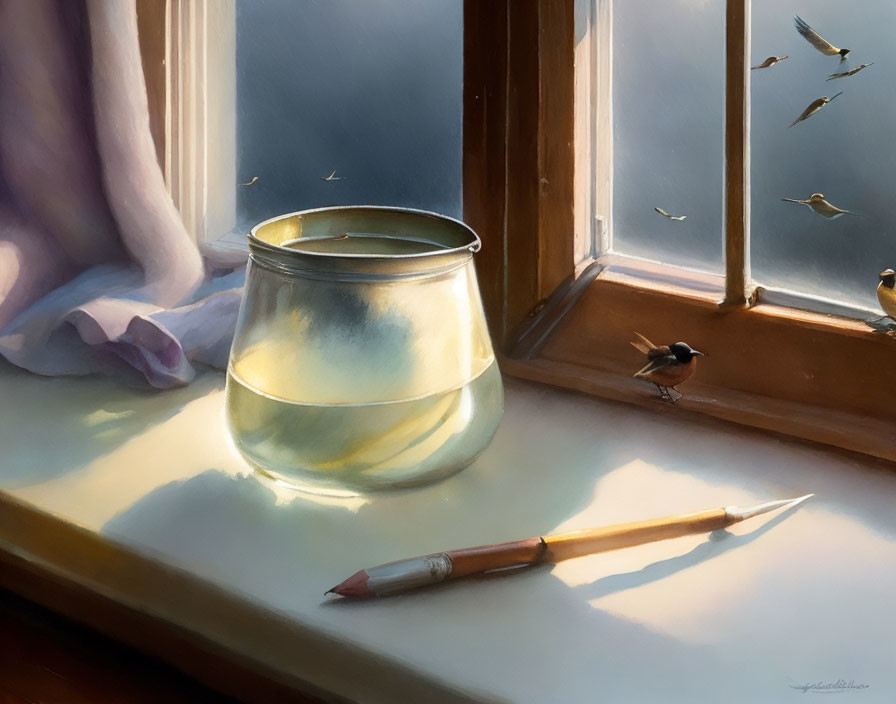 Tranquil still life: glass jar, pencil, birds in sunlight