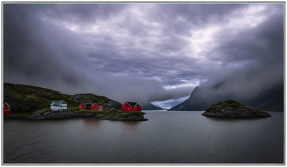 Red Houses on Rocky Islands in Calm Water Under Dramatic Cloudy Sky